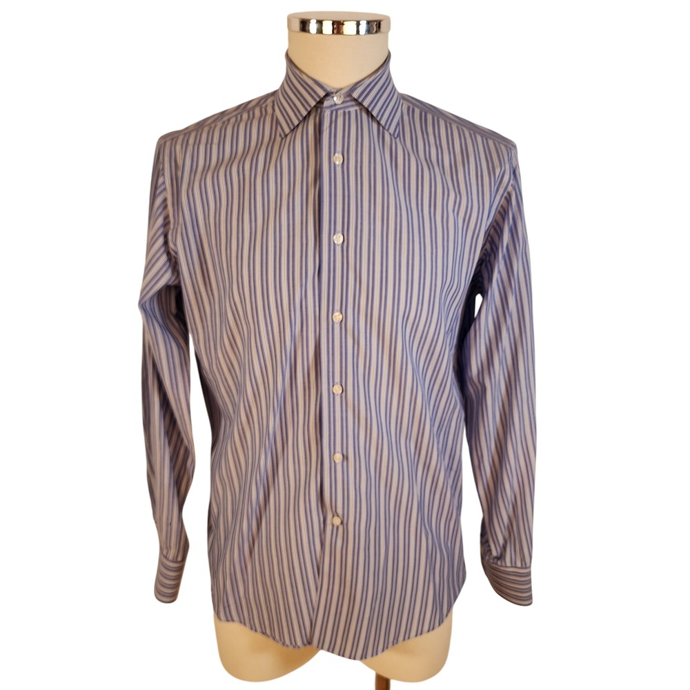Lorenzo Uomo Trim Fit Blue Stripe 100% Cotton Dress Shirt Mens 15 32/33 *READ